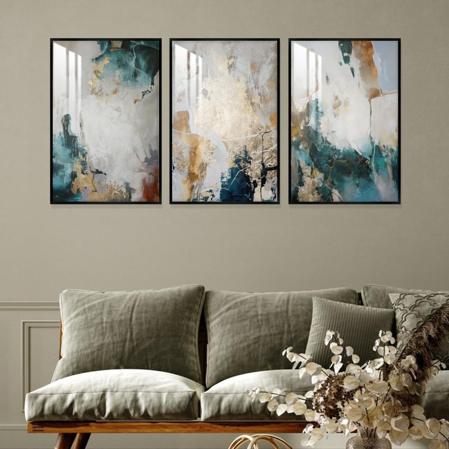 Three wall panels with an abstract design, with a frame and a transparent acrylic layer