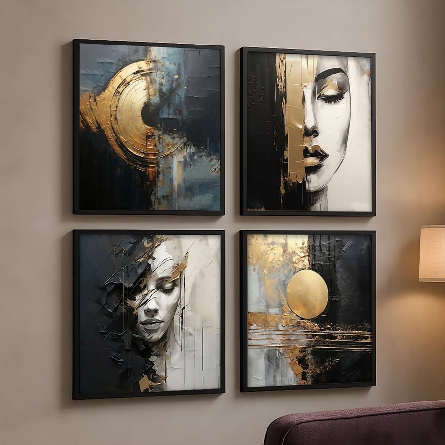 A set of four abstract paintings with artistic faces and gold touches on dark backgrounds
