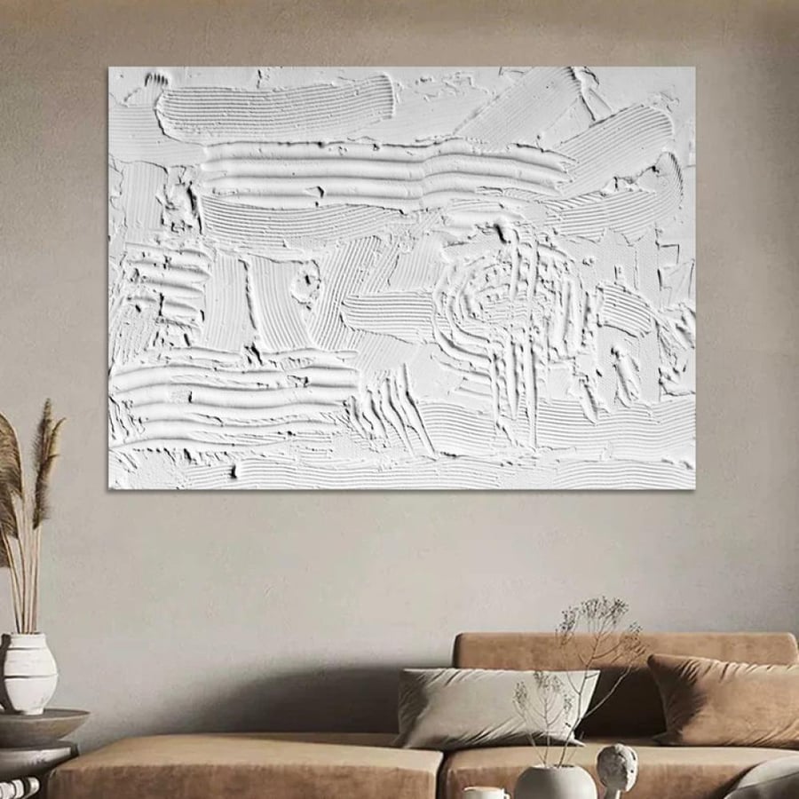 لوحة جبسية بارزة بتصميم تجريدي ملمس أبيض لوحة جدارية أفقية بتصميم تجريدي من قطعة واحدة