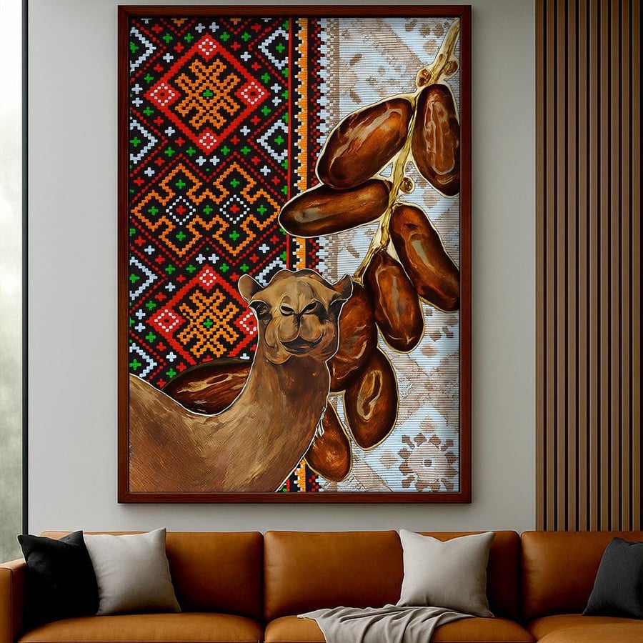 A heritage art panel of a camel and date palms with Arabic decorations – canvas with MDF wooden frame