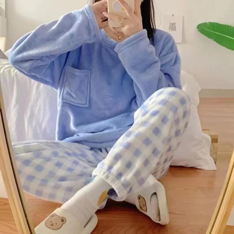 2 قطعة/المجموعة سميكة الدافئة الفانيلا حجم كبير المرأة منامة بلوزات وبنطلون ملابس خاصة Homewear الشتاء الكرتون الدب ملابس النوم