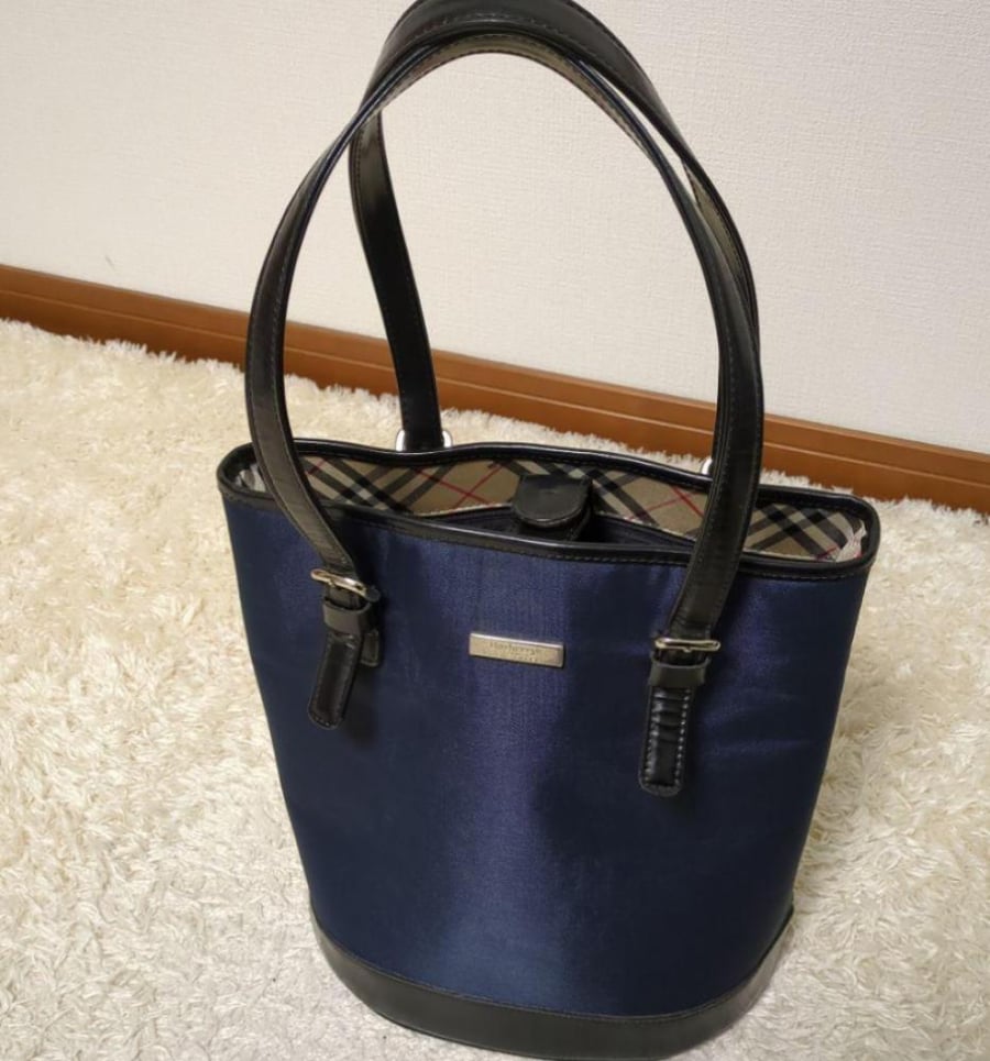 Burberry Bucket Tote Bag Navy Nova Check Leather Nylo