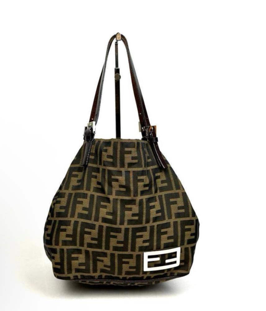 Fendi Zucca Canvas Handbag, Silver Hardware, Leather, Brown
