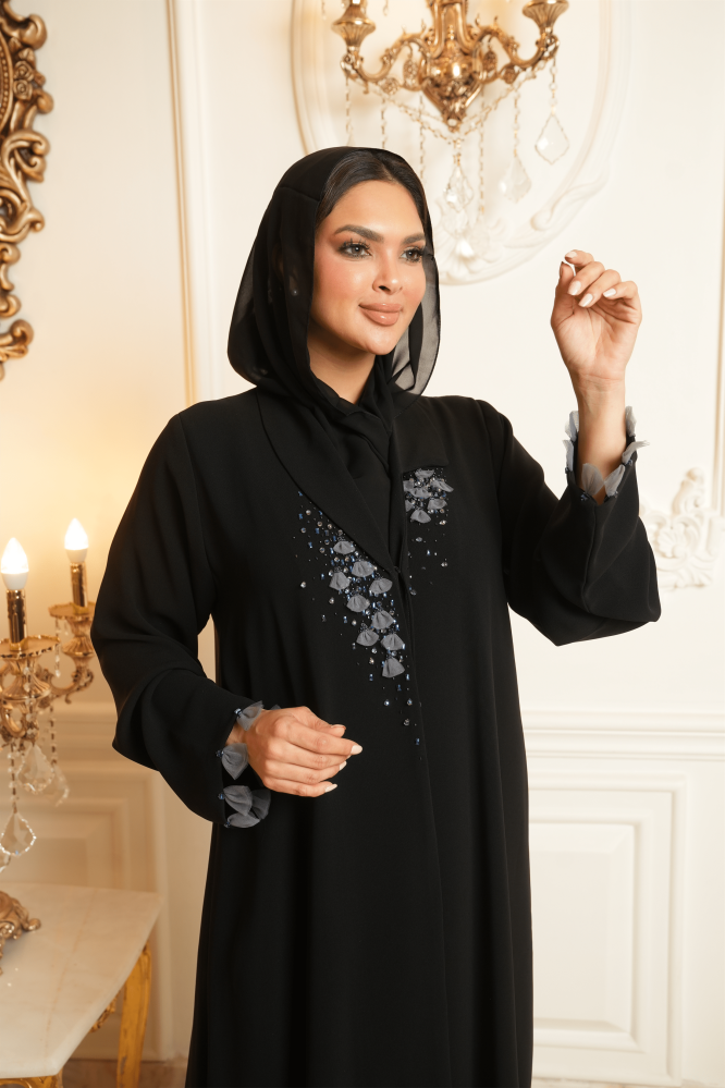 عباية كريب فرنسي مع اورقنزا سماوي وخرز ازرق وفضي موديل مختلف