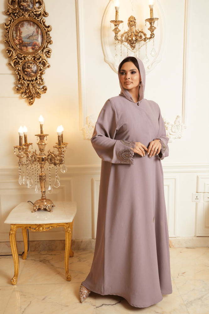 كريب ياباني ليلكي موڤ فاتح فصوص وخرز وكتل في الأكمام عباية