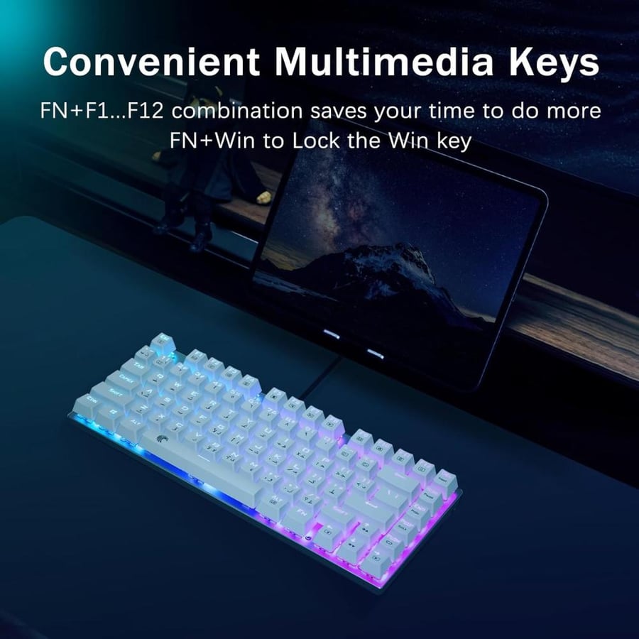 HUO JI 75% Arabic Mechanical Keyboard Wired, E-YOOSO Z-88 Gaming Keyboard with Red Switches, RGB LED Backlit, Metal Panel, 81 Keys Portable Gaming Keyboard (White)