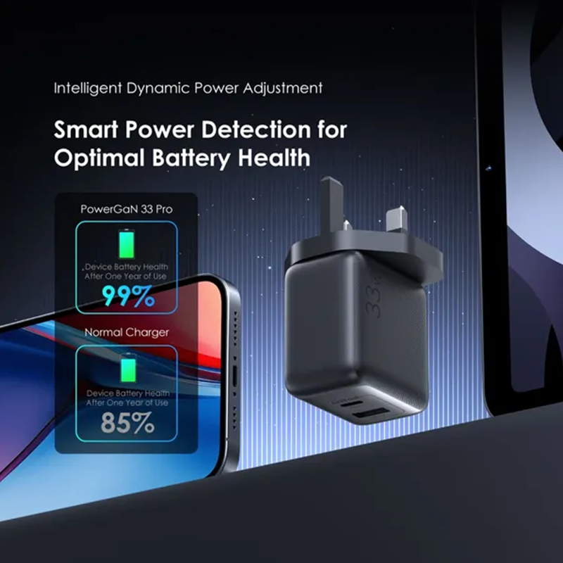 Oraimo wall charger pro with GaN technology with USB-C port and USB port and power 33 watts with charger cable - black