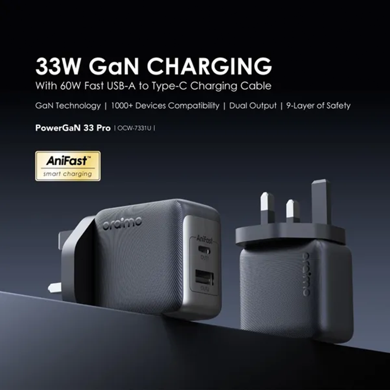 Oraimo wall charger pro with GaN technology with USB-C port and USB port and power 33 watts with charger cable - black