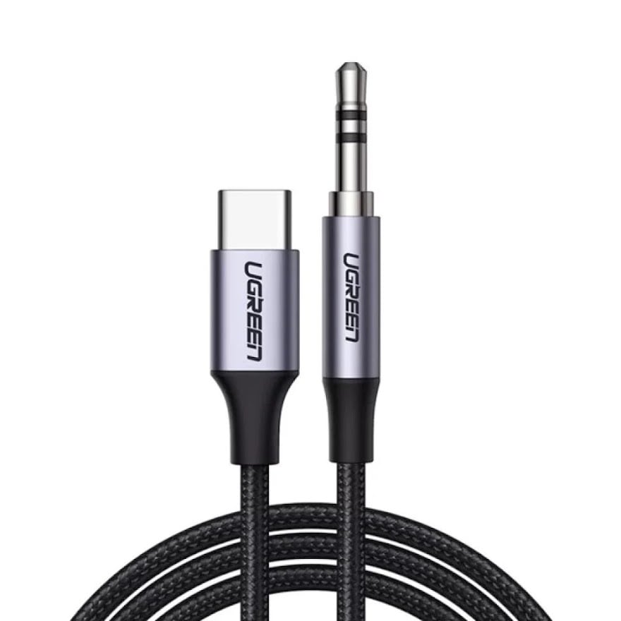 يوجرين كيبل صوت USB-C إلى 3.5 مم M/M ، غلاف ألومنيوم، 1 متر قماش - اسود