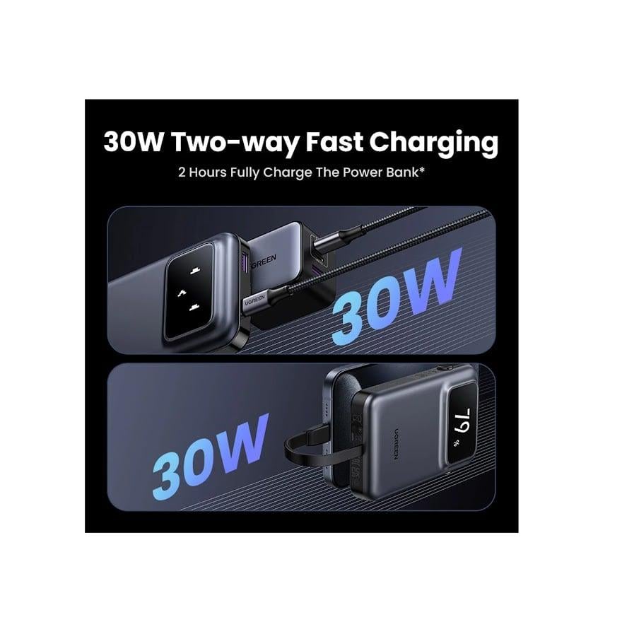 يوجرين شاحن متنقل Uno بمنفذ USB-C ومنفذ USB مع سلك مدمج بسعة 10000 مللي أمبير بقوة 30 واط - موف