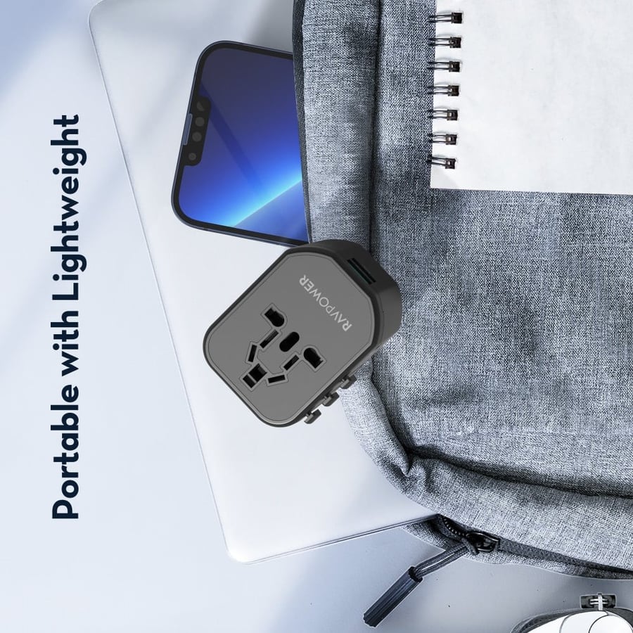 راف باور  شاحن سفر بقوة 20 واط متعدد المداخل مع منفذين USB ومنفذ تايب سي - اسود