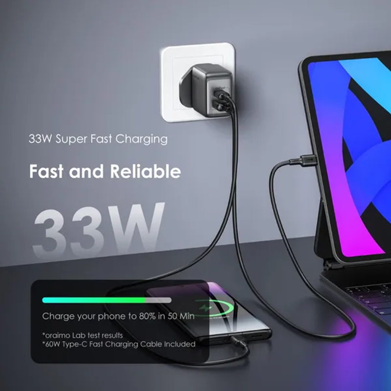 Oraimo wall charger pro with GaN technology with USB-C port and USB port and power 33 watts with charger cable - black