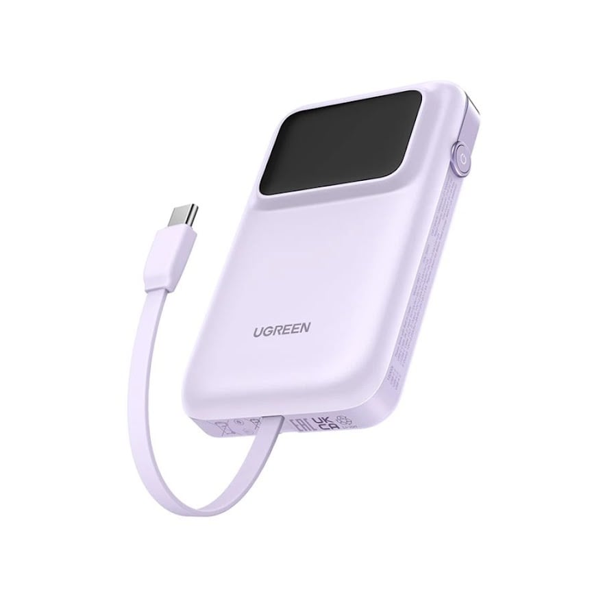يوجرين شاحن متنقل Uno بمنفذ USB-C ومنفذ USB مع سلك مدمج بسعة 10000 مللي أمبير بقوة 30 واط - موف