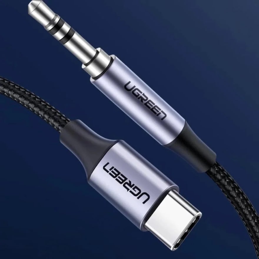 يوجرين كيبل صوت USB-C إلى 3.5 مم M/M ، غلاف ألومنيوم، 1 متر قماش - اسود