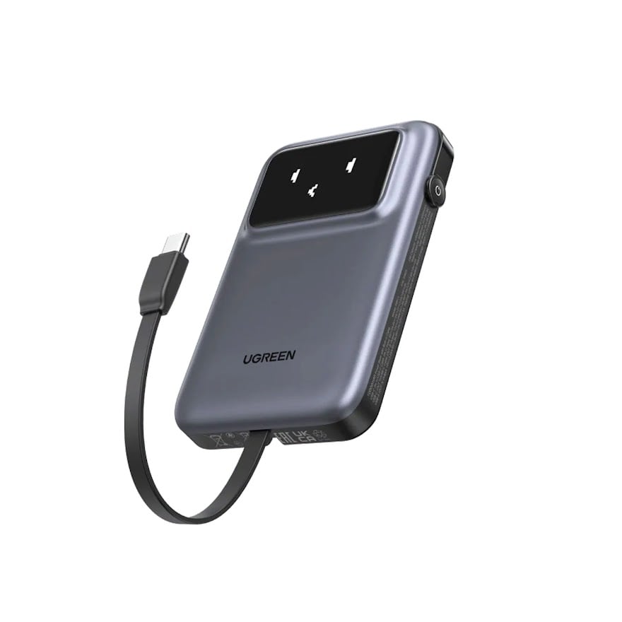 يوجرين شاحن متنقل Uno بمنفذ USB-C ومنفذ USB مع سلك مدمج بسعة 10000 مللي أمبير بقوة 30 واط - رمادي