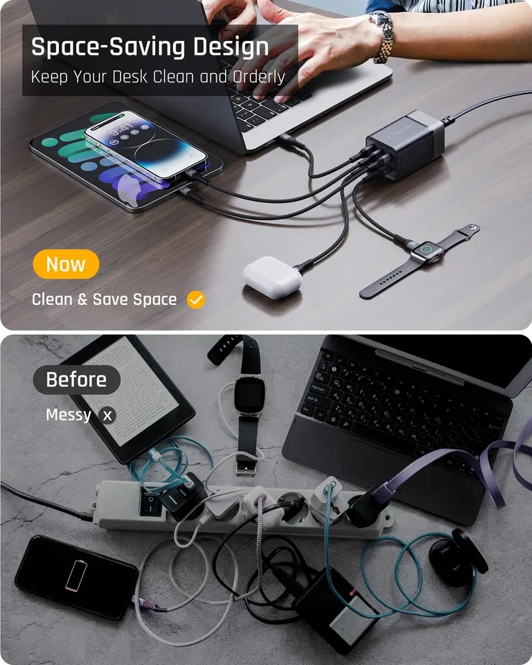 فولتمي شاحن جداري فيتو جو ايز ترافيل مع كيبل وبثلاث منافذ USB-C ومنفذين USB وبقوة 75 واط - رمادي