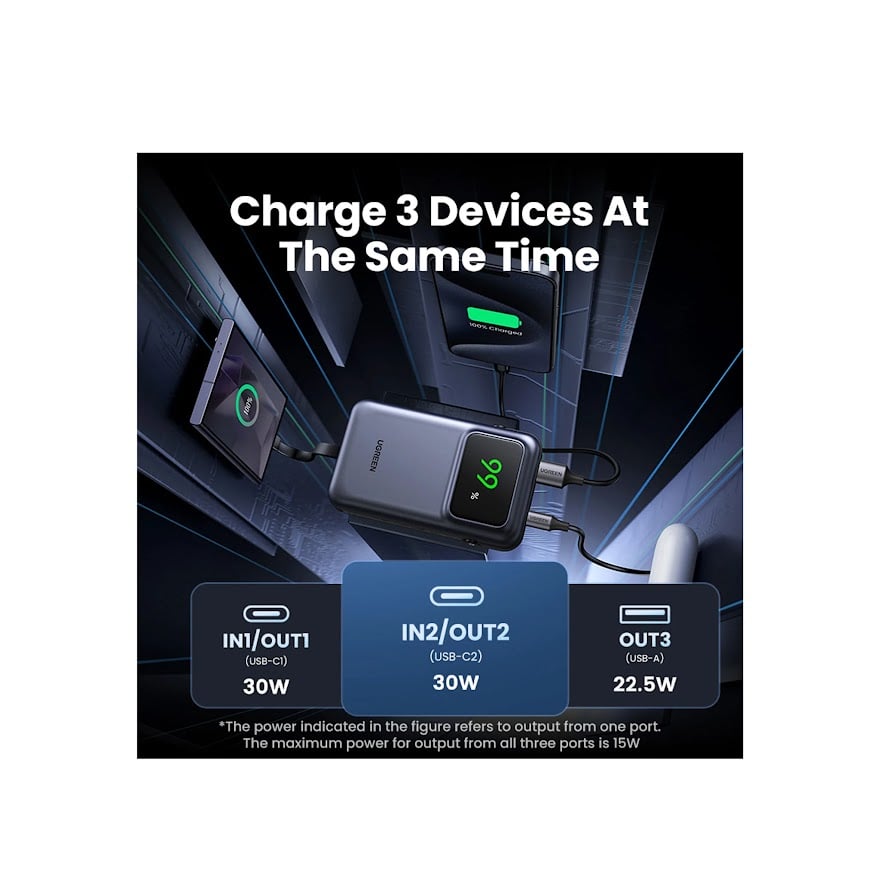 يوجرين شاحن متنقل Uno بمنفذ USB-C ومنفذ USB مع سلك مدمج بسعة 10000 مللي أمبير بقوة 30 واط - رمادي