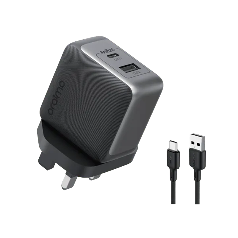 Oraimo wall charger pro with GaN technology with USB-C port and USB port and power 33 watts with charger cable - black