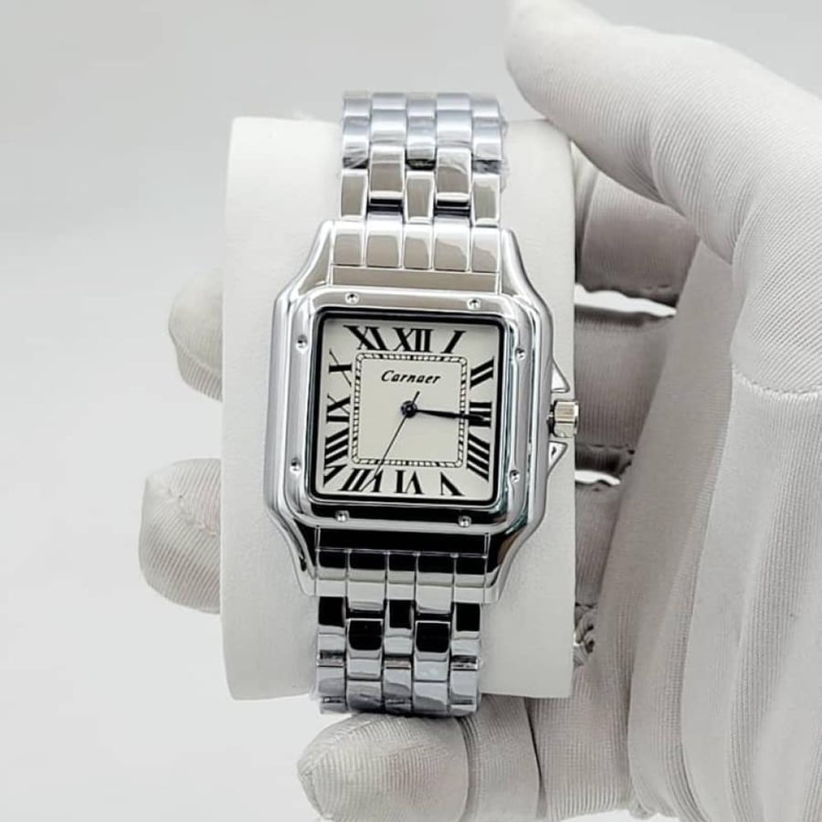 Wide silver tank watch