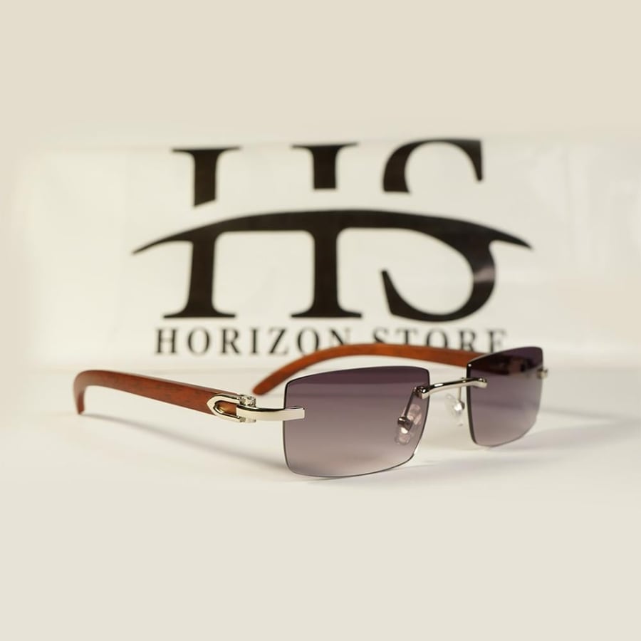 Luxury rimless sunglasses with natural wooden arms | Silver link | Gradient violet lenses | UV400