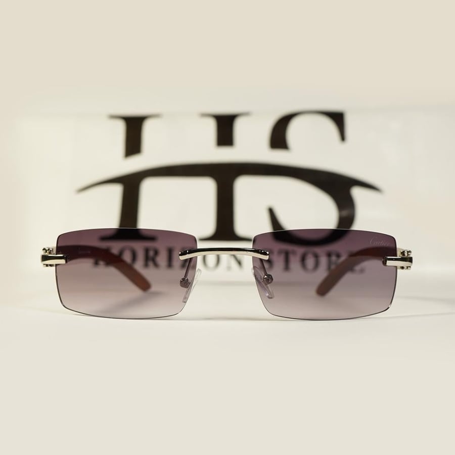 Luxury rimless sunglasses with natural wooden arms | Silver link | Gradient violet lenses | UV400