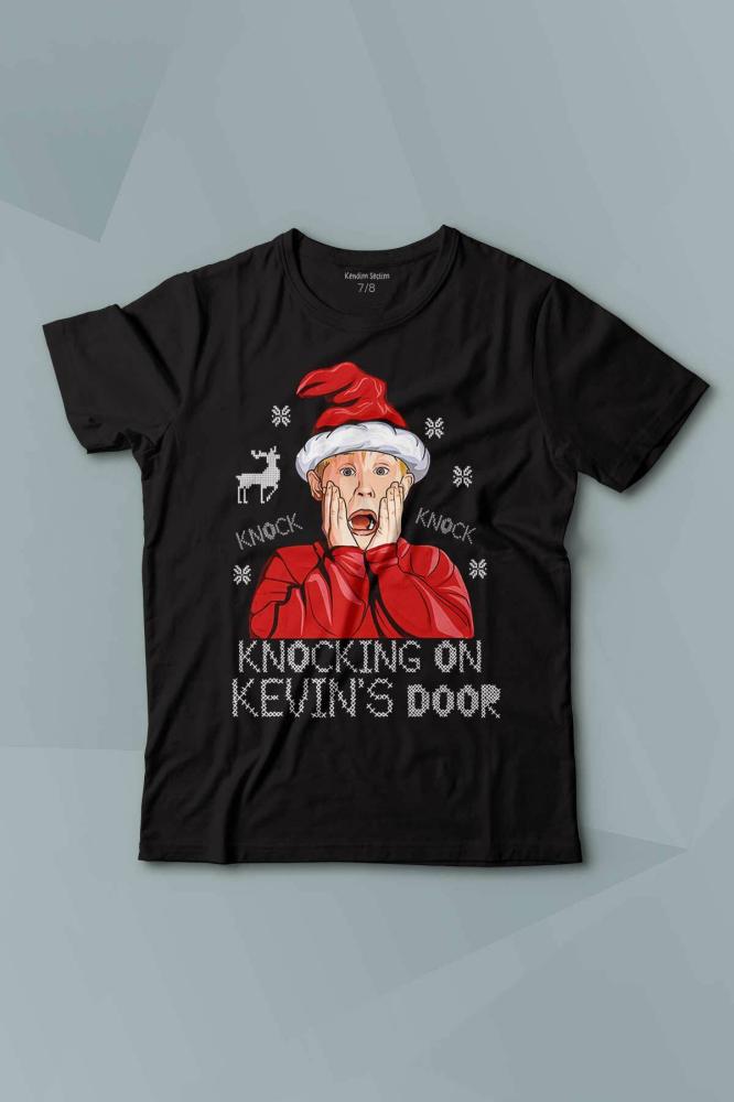 Kendim Seçtim المنزل وحده في المنزل وحده رأس السنة الجديدة Knock Knock Kevin Merry Xmas تي شيرت مطبوع للأطفال بأكمام قصيرة