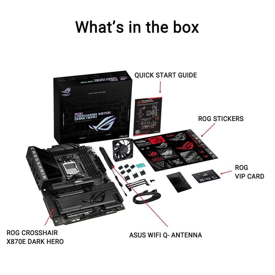 ASUS ROG Crosshair X870E Dark Hero ATX motherboard, 20+2+2 power stages, DDR5 slots, PCIe 5.0, five M.2 slots, 3D VC M.2 heatsink, USB4, AI Cache Boost, PCIe Slot Q-Release, AIO Q-Connector
