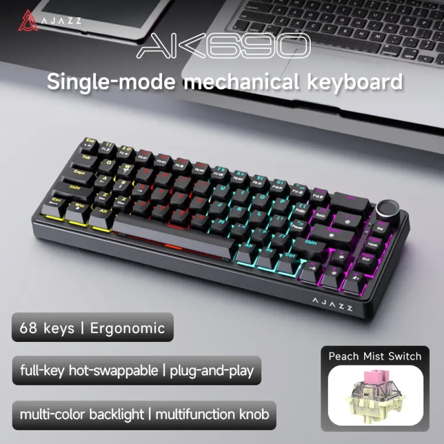 كيبورد ألعاب ميكانيكي AJAZZ AK690 بنسبة 65% وإضاءة RGB