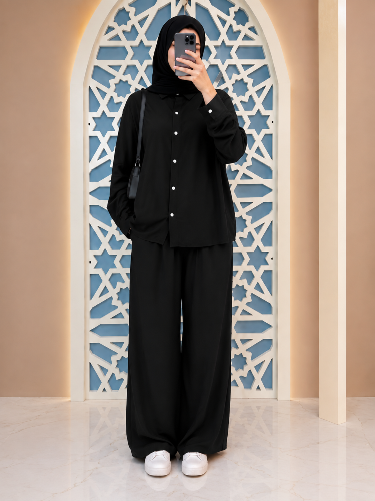 طقم نسائي أسود واسع | قميص وبنطال بتصميم أنيق