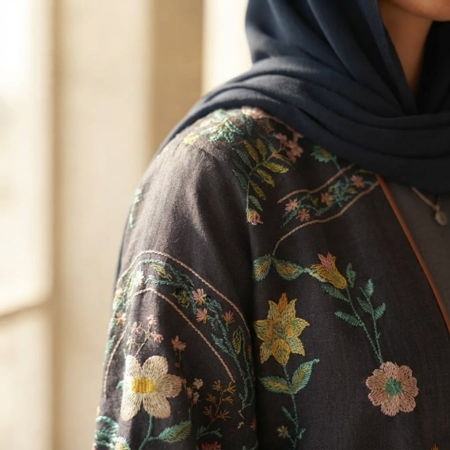 عباية كتان بتطريز نباتي