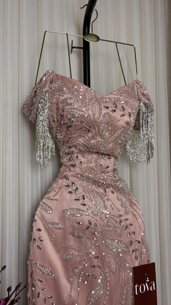 Blush Pink Embellished Evening Dress with Beaded Fringe Sleeves