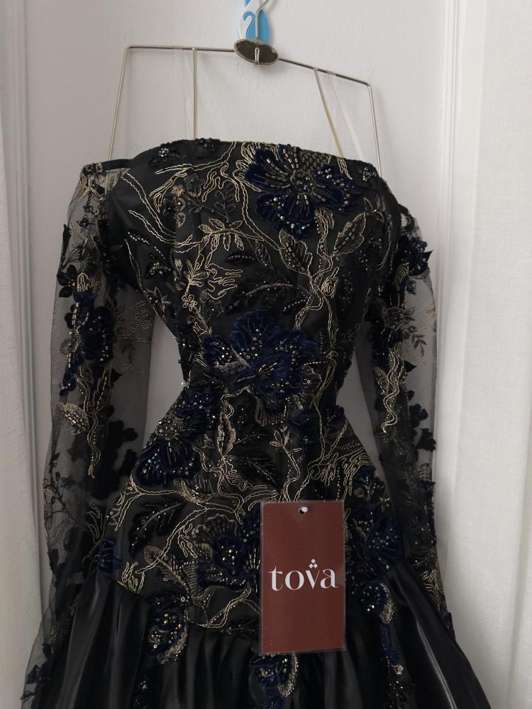 Black Evening Gown with Gold-Tone Embroidery and Sheer Sleeves