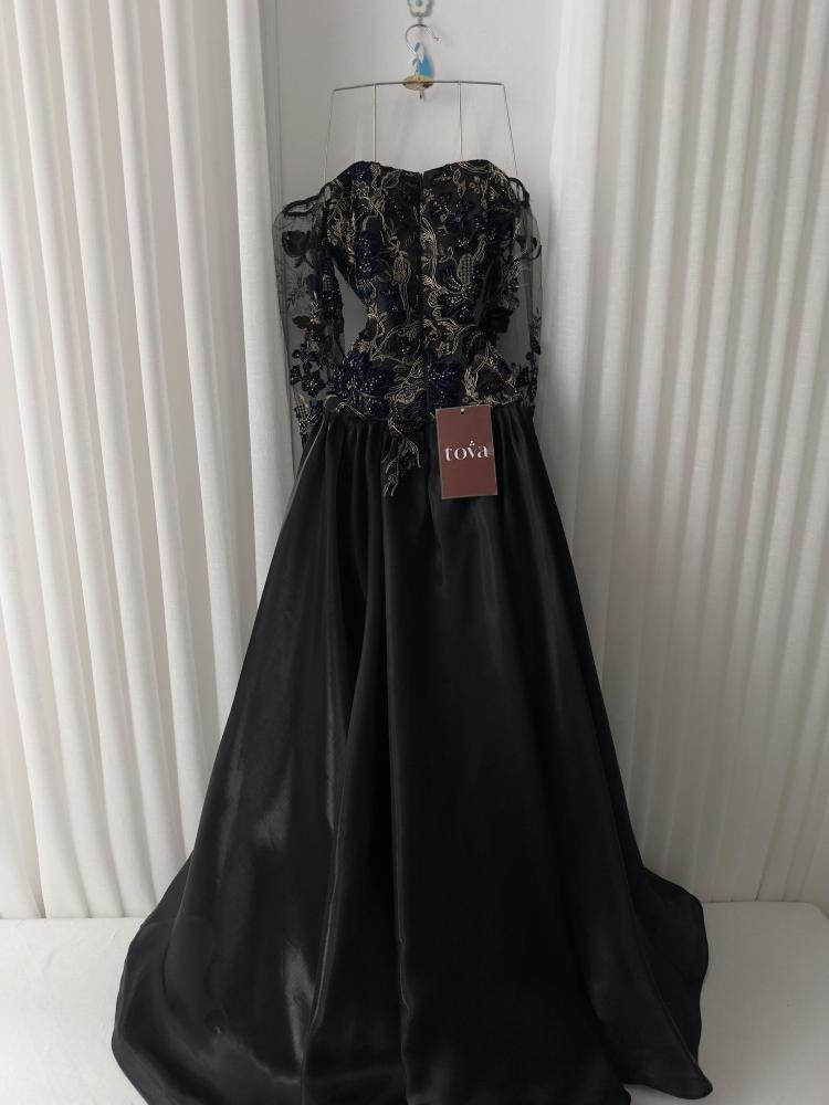 Black Evening Gown with Gold-Tone Embroidery and Sheer Sleeves