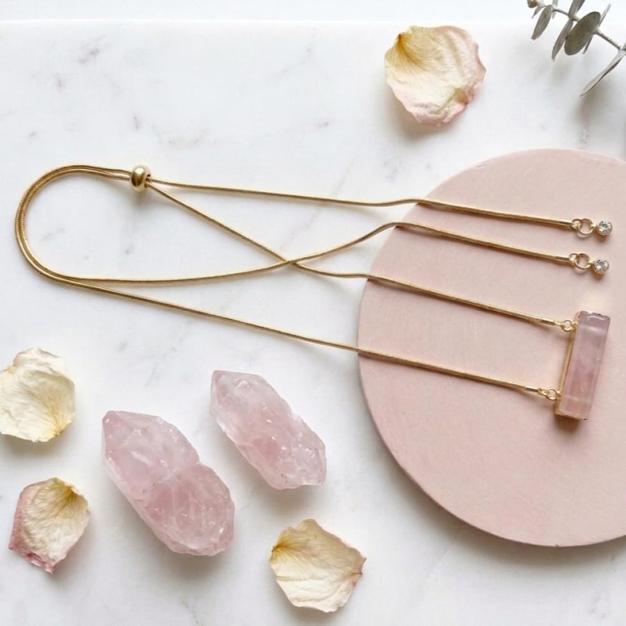 Natural Rose Quarts Crystal Stone in a 304 Golden Adjustable Stainless Steel Necklace