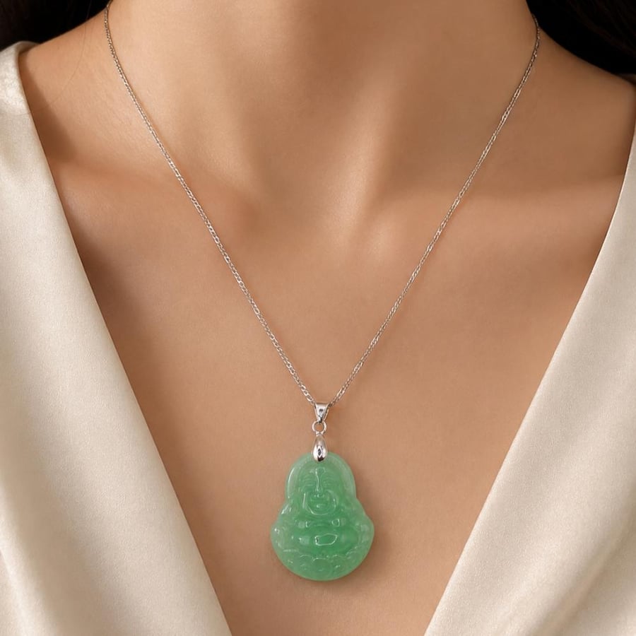 Chinese  Green Bead in a Silver Necklace