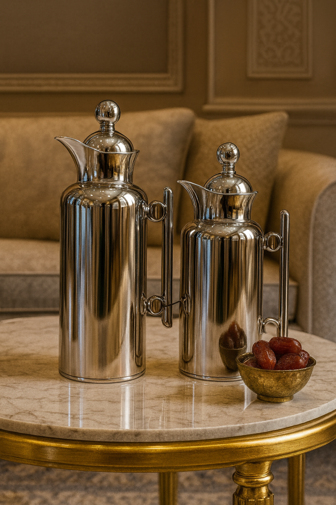 Silver hospitality thermos, shiny, luxurious