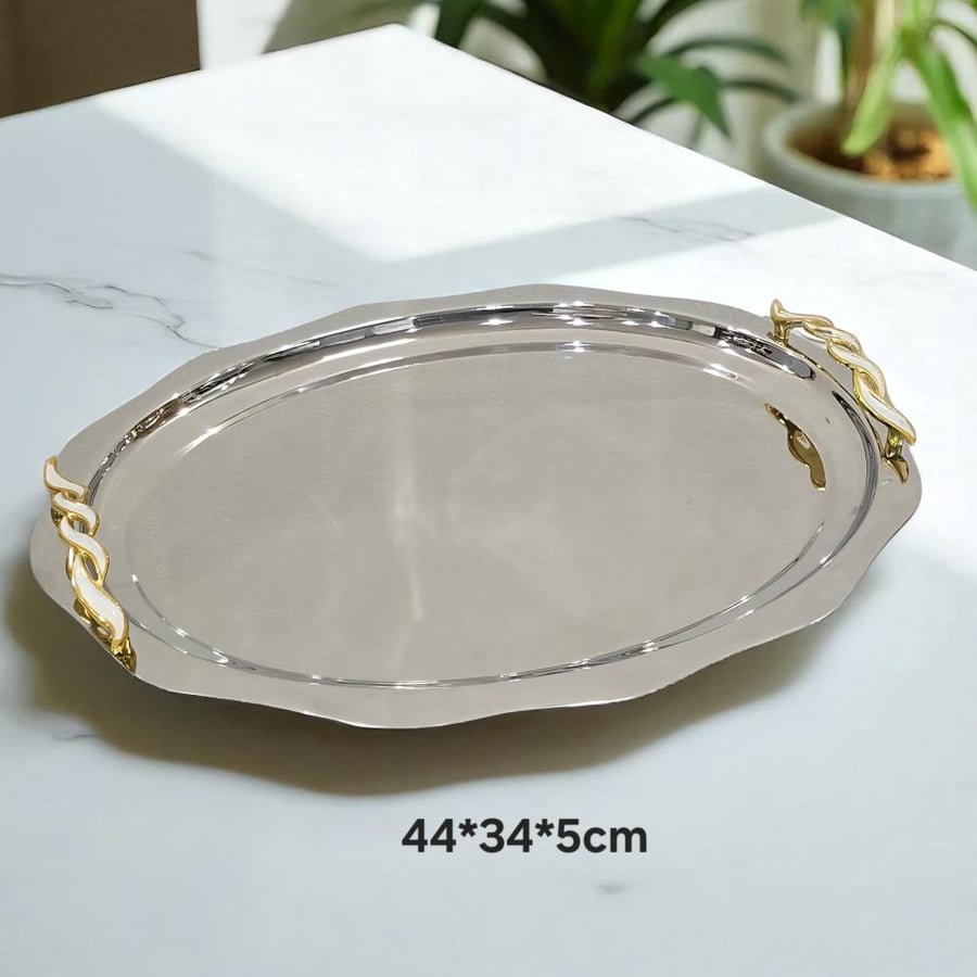 صينية تقديم فاخرة بمقابض ذهبية – تصميم استيل أنيق