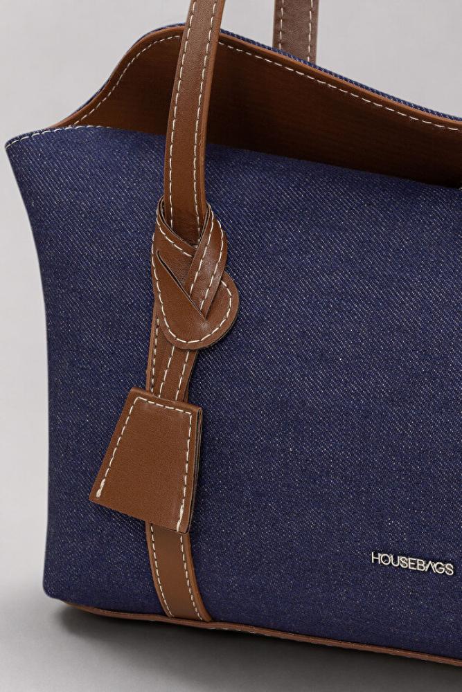 Housebags حقيبة كتف نسائية من قماش الدنيم بلون النيلي/الكونياك