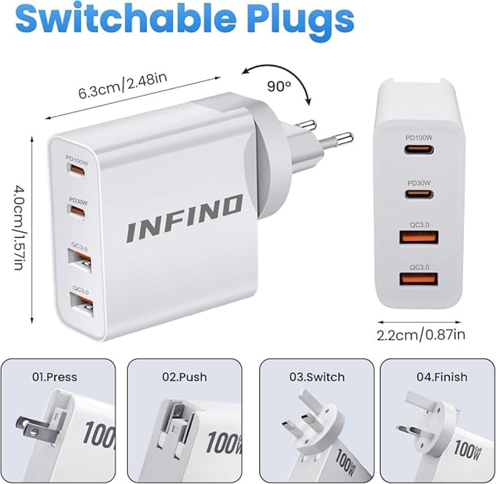 Wall charger 100 watt GaN multiple ports (for laptop and mobile - ideal for travel)
