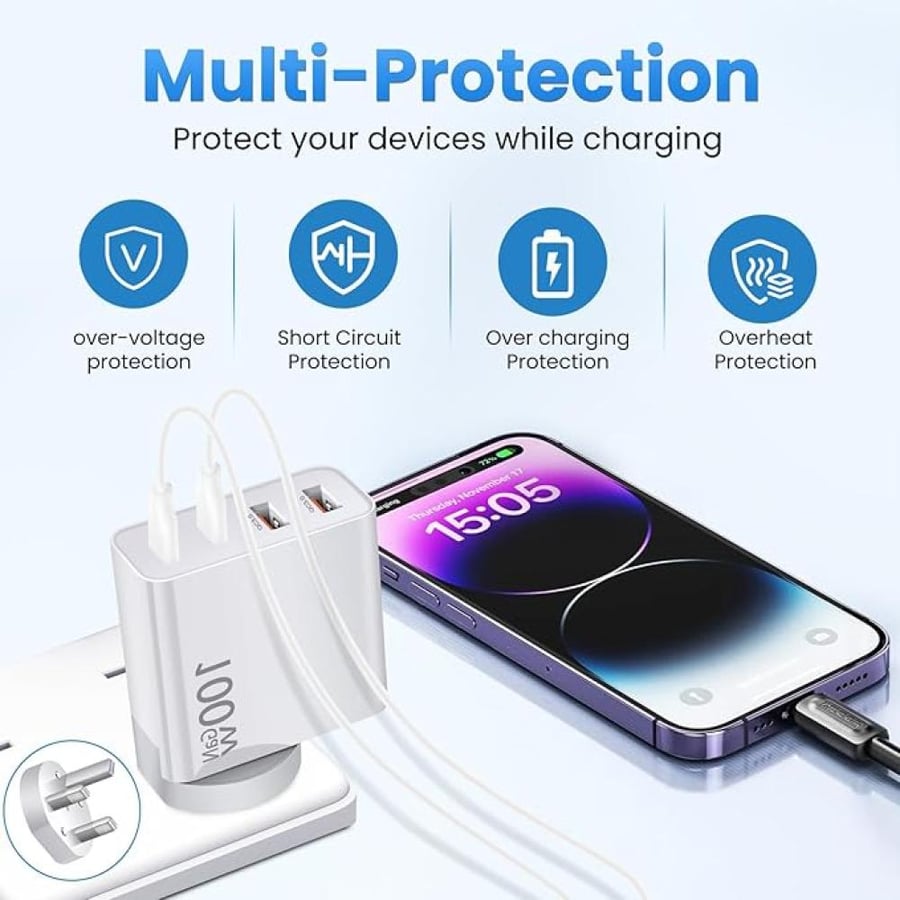 Wall charger 100 watt GaN multiple ports (for laptop and mobile - ideal for travel)