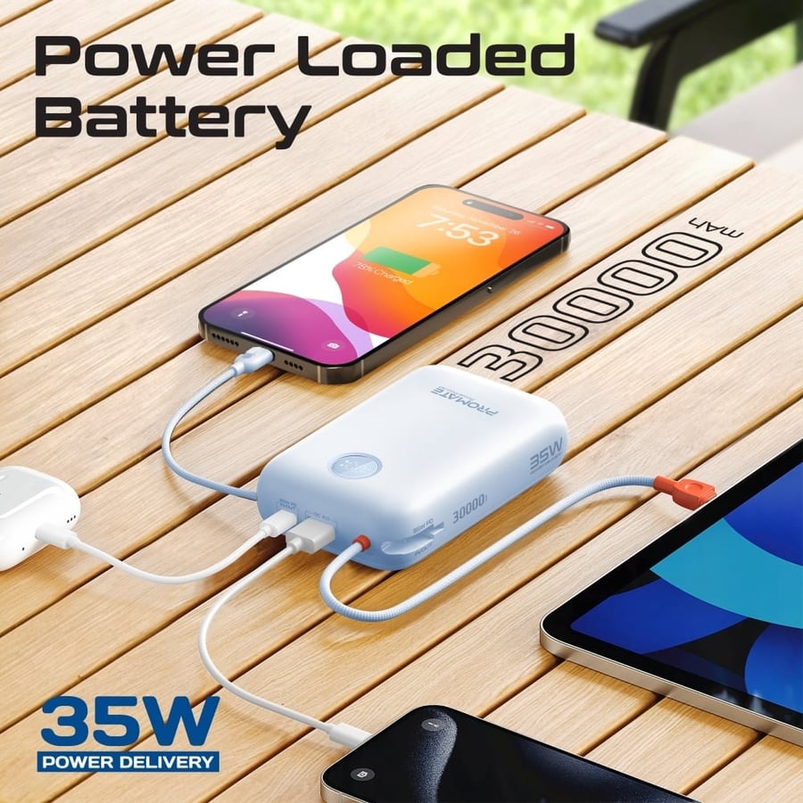 بروميت بطارية متنقلة 30000 مللي أمبير مع كابلات مدمجة و قدرة 35 واط PowerPod-30