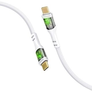 Promate TranslineCC200 Stylish Transparent USB-C Charging Cable with 60W Fast Power Delivery, 480Mbps Data Transfer, and 2m Durable Nylon Braided Cable, White