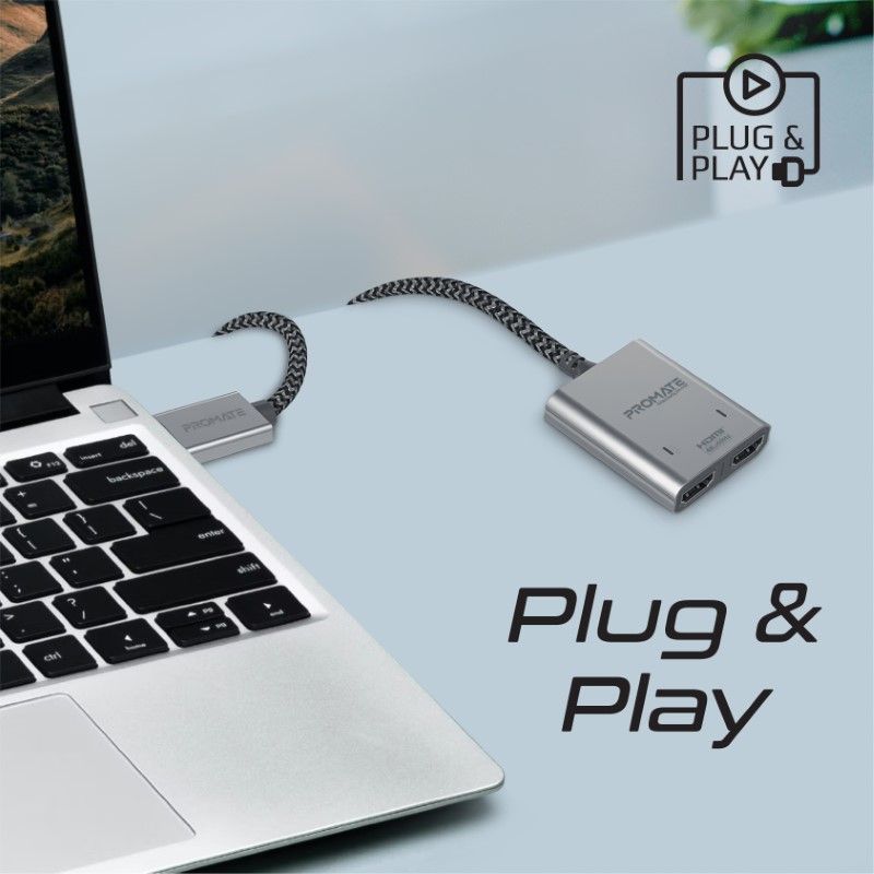 كيبل و مقسم HDMI بدقة 4K عند 60 هرتز مع مخرج HDMI مزدوج • دعم 4K عند 60 هرتز • التوصيل والتشغيل • طول الكابل 1 متر - بروميت - Promate - MediaSplit-H2
