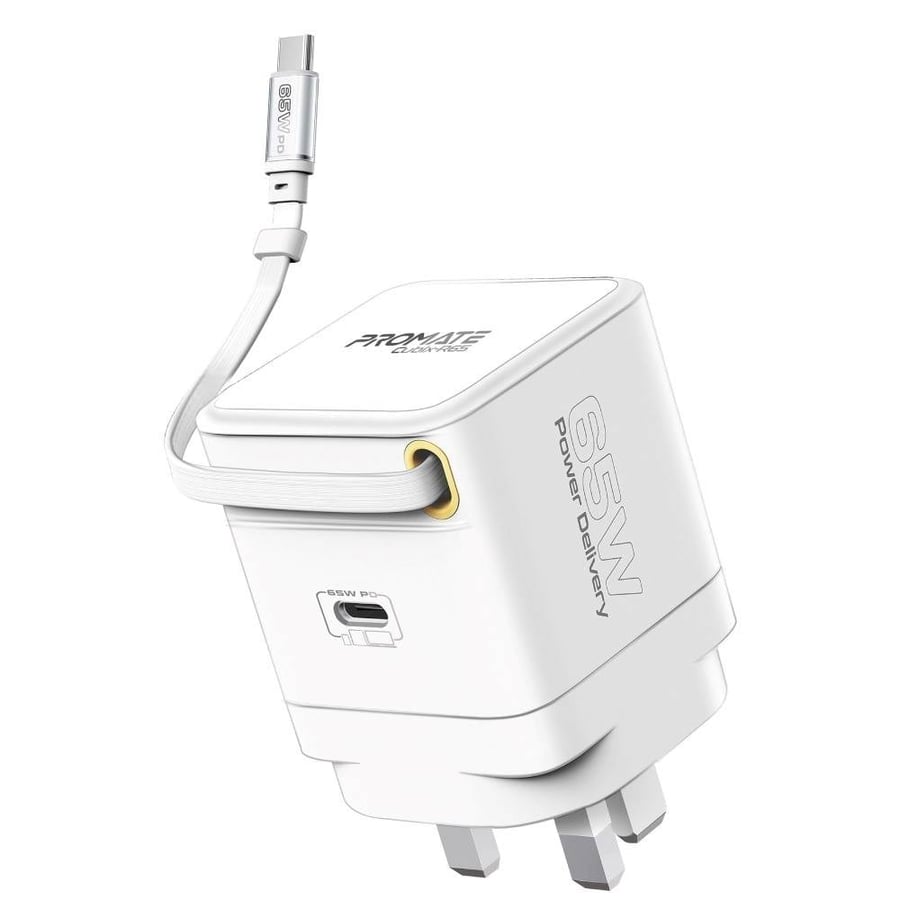 بروميت شاحن جداري GaNFast بقوة 65 واط مع كابل USB-C مدمج وقابل للسحب -