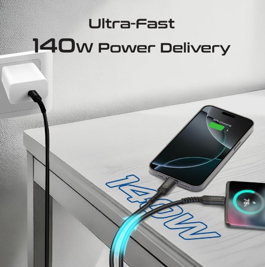 بروميت كابل شحن USB-C الى USB-C مزدوج مضفر بالقماش 140 واط - PowerLink