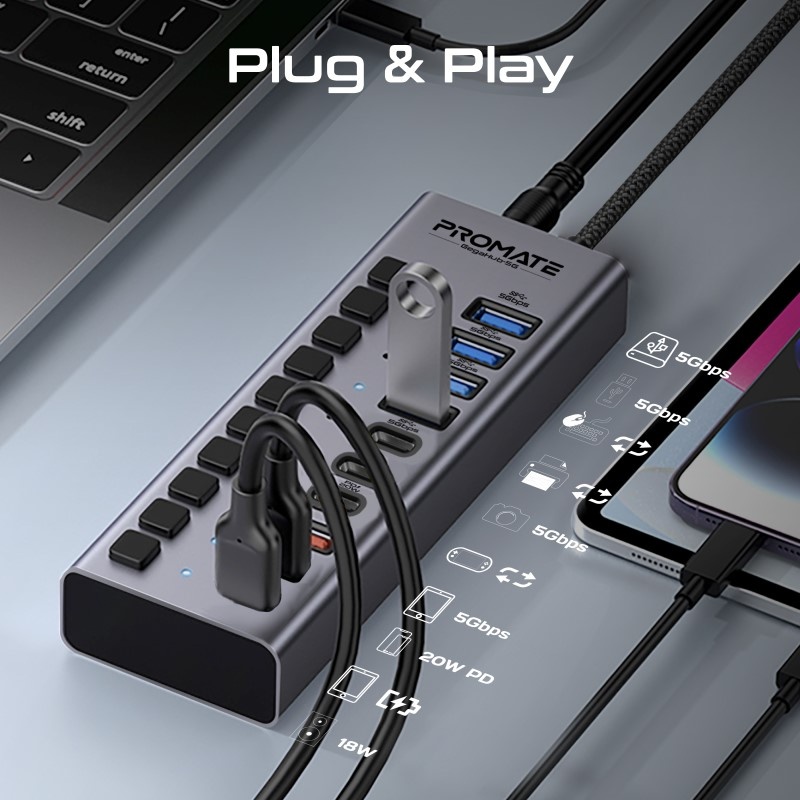 بروميت موزع بيانات USB-C فائق السرعة بـ 7 منافذ ونقل بيانات 5 جيجابت GegaHub-5G