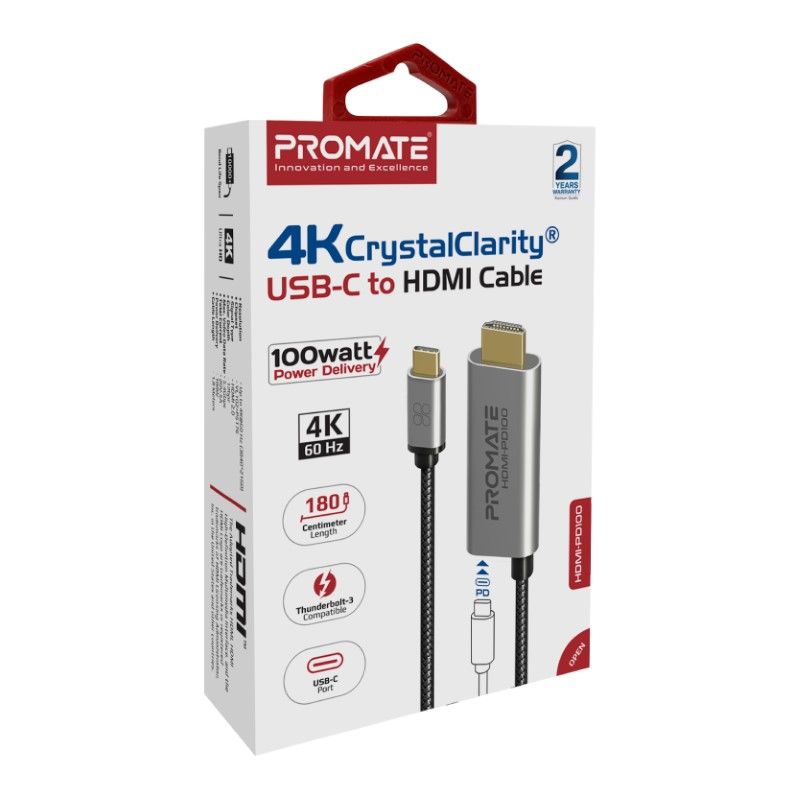 كيبل USB-C إلى HDMI بدقة 4K@60 هرتز من CrystalClarity • توصيل طاقة USB-C بقدرة 100 واط • متوافق مع ThunderBolt 3 • طول 1.8 متر - HDMI-PD100 - Promate - رمادي