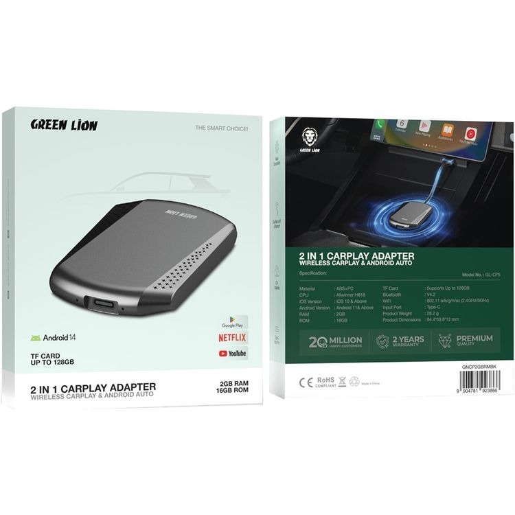 2 في 1 محول Green Lion  للسيارات بخاصية Carplay مع منفذ إدخال Type-C - اسود