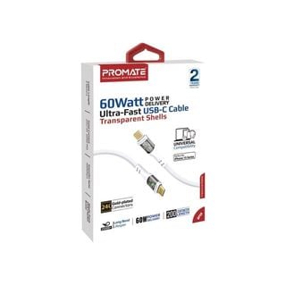 Promate TranslineCC200 Stylish Transparent USB-C Charging Cable with 60W Fast Power Delivery, 480Mbps Data Transfer, and 2m Durable Nylon Braided Cable, White