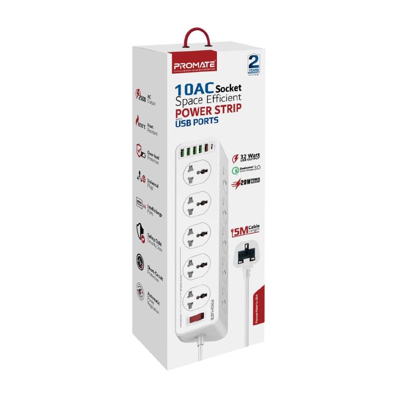 موزع كهربائي بتصميم مدمج مع 10 مقابس تيار متردد ومنافذ يو اس بي 16في1 من بروميت-powermatrix2-5M-promate